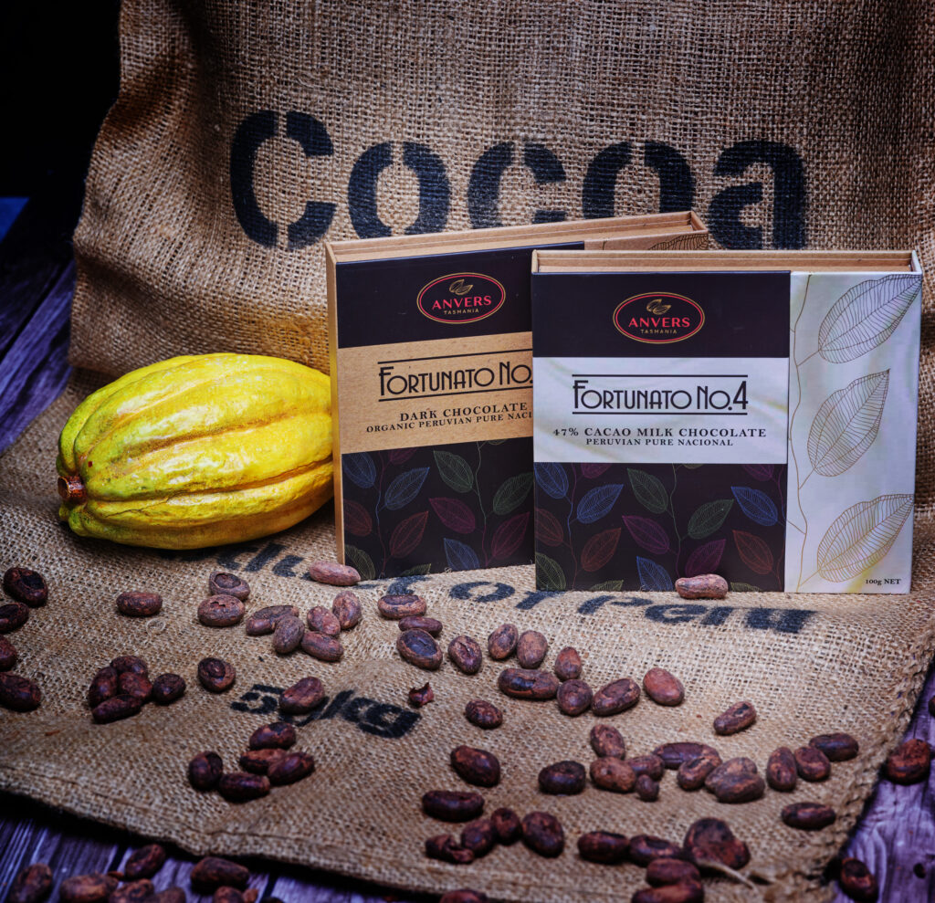 Fortunato Dark and Milk chocolate blcoks with a cacao pod of Fortunato No.4 and caca beans